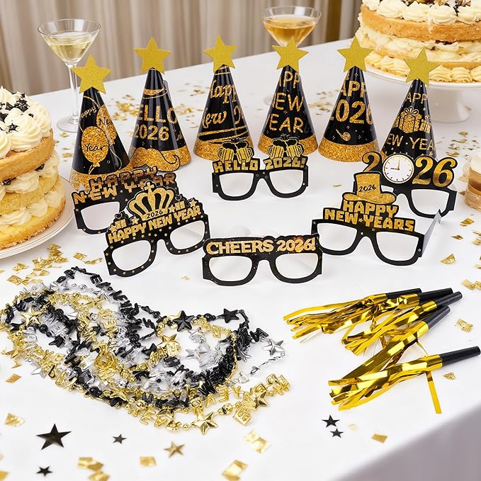 24pcs 2026 New Year Eve Party Supplies New Years Decorations Kit Incliuding Happy Next Year Headband News Year Eyeglasses Noise Makers Necklace for New Years Party