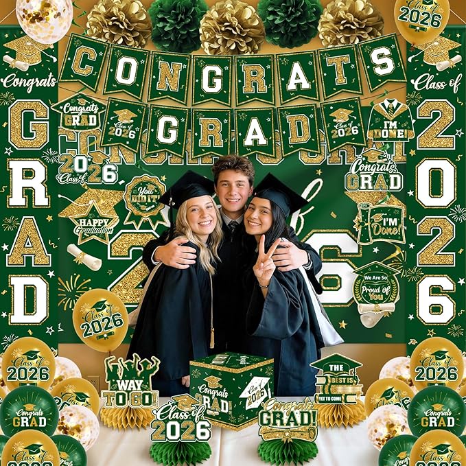 Green and Gold Graduation Decorations 2026 Set, All-in-1 Kit with Congrats Grad Banner Class of 2026 Backdrop Porch Sign Balloons Centerpieces Card Box Pom Poms Streamers for College High School