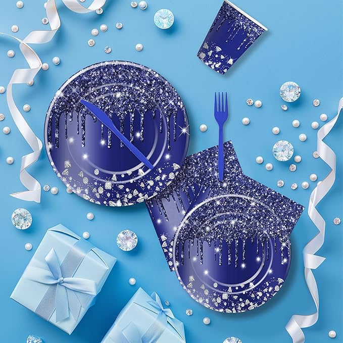 Navy Blue Plates And Napkins Party Supplies, Blue Glitter And Silver Party Decorations Tableware for Bridal Shower Birthday Baby Shower, Paper Plate, Napkin, Cup, Disposable Cutlery, Serves 24