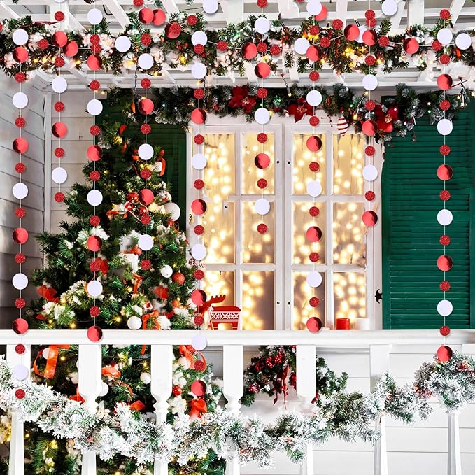Outus 10 Pieces Red Round Dots Garland Easter Graduation Party Hanging Decor Each Length 13.1ft Glitter Paper Dot Streamers for Birthday Wedding Classroom (White)
