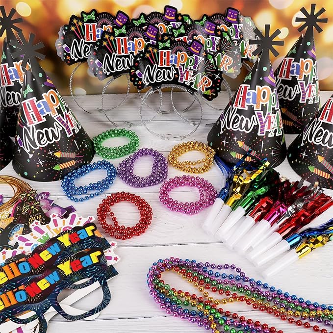HOWAF 2026 New Year Eve Party Supplies, Happy New Year Tiaras Headband, 2026 New Year Glasses Top Hats Fringed Noisemaker and Necklace, Black and Colorful New Year's Eve Party Favors