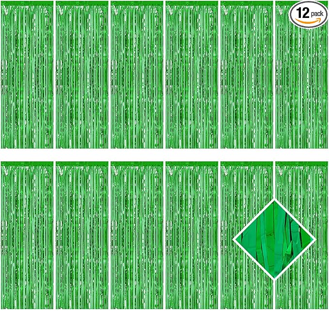 12 Pack Green Foil Curtain Backdrop 3.2ft x 6.6ft Metallic Tinsel Fringe Backdrop Curtains Streamer Photo Booth Backdrop for Birthday Engagement Bachelorette Christmas Holiday Party Decorations
