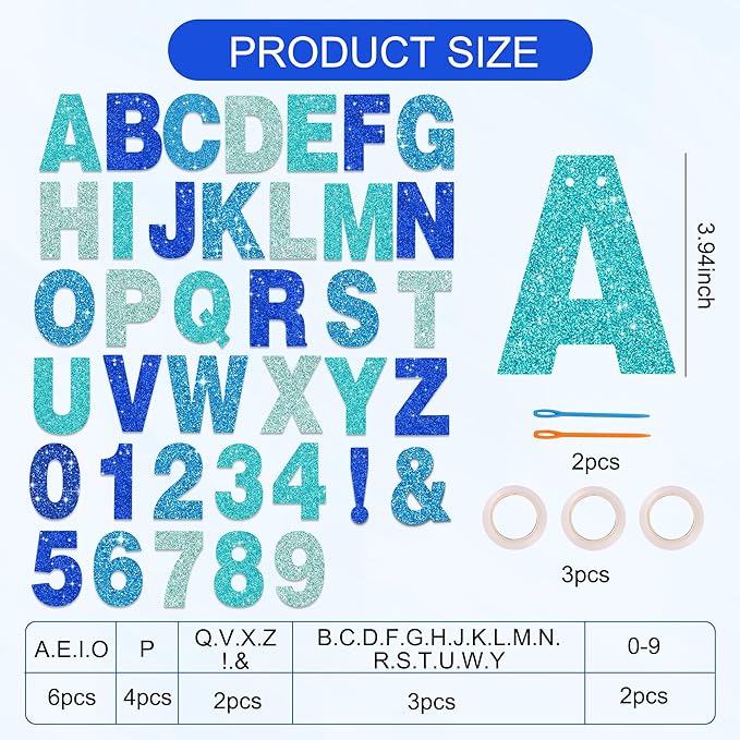 BEISHIDA 116 PCS A-Z DIY Letter Banner Kit Make Your Own Banner Glitter Blue Mix Including 111 Letters and Numbers 3 Rope and 2 Threading Device,Customized for Birthday Graduation Wedding Party Decor