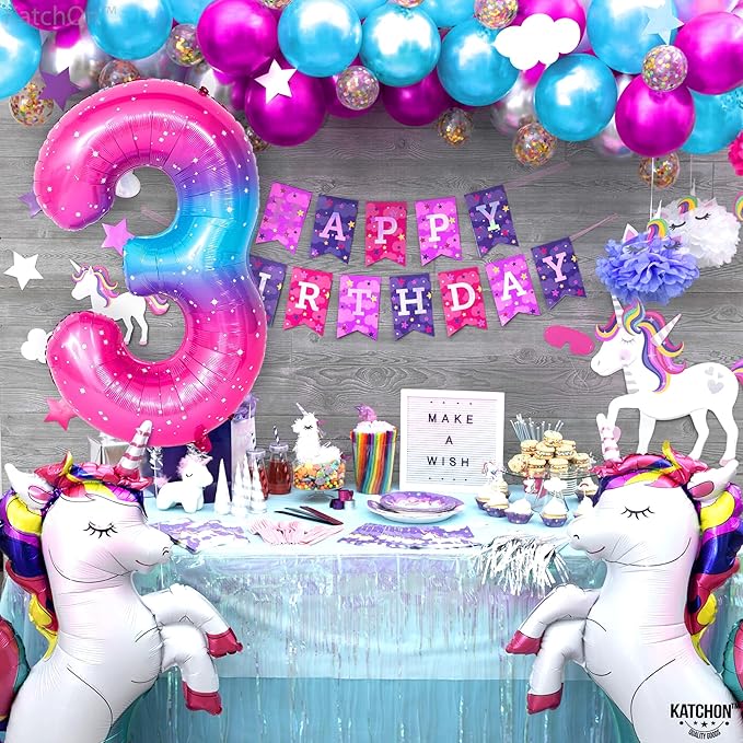 KatchOn, Rainbow 40 Inch 3 Balloon - Pink Blue | 3rd Birthday Decorations | Unicorn Party