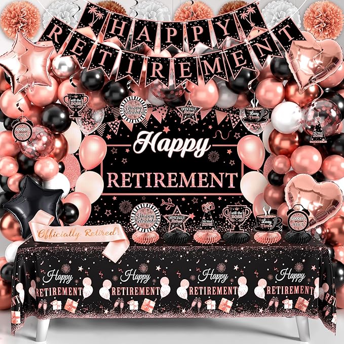 Retirement Party Decorations for Women 109Pcs Rose Gold Black Happy Retirement Decorations Retired Banner Backdrop Balloons Sash Hanging Swirls Pompoms Tablecloth Honeycomb Centerpiece(Rose Gold)