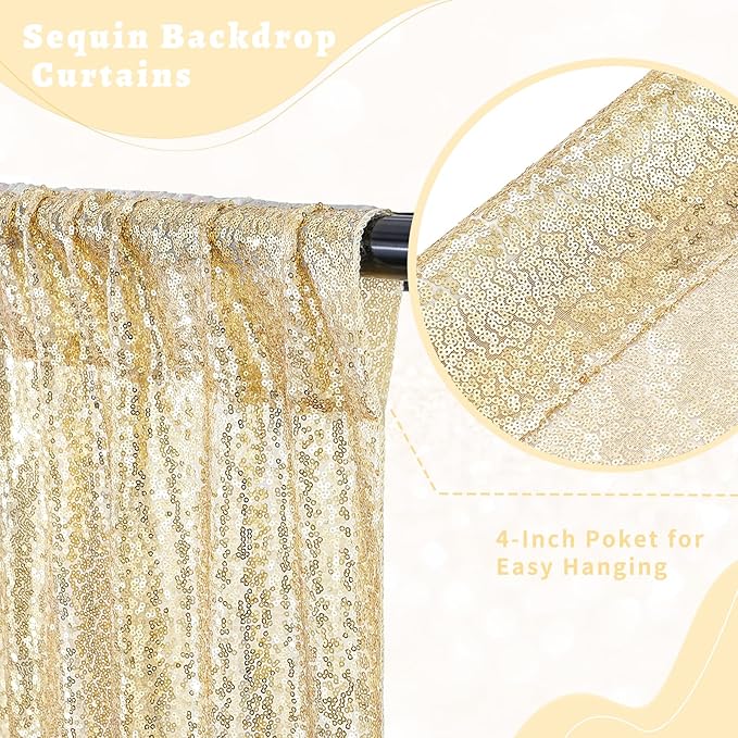 B-COOL Light Gold Sequin Backdrop Curtains 2 Packs 2ftx8ft Sparkle Backdrop Fabric Glitter Backdrop for Party Ceremony Wedding Birthday Decoration