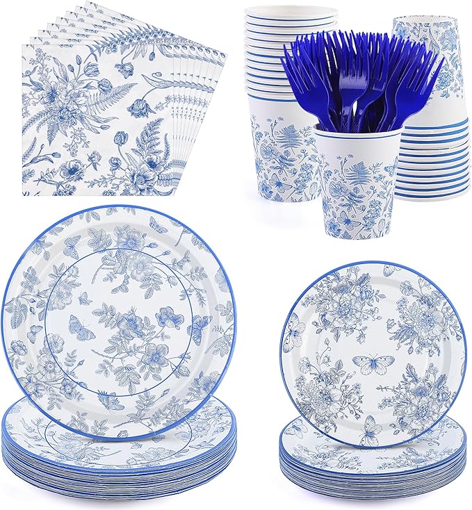 Kochorie 144 Pieces Floral Party Supplies, Blue and White Flower Tableware Sets Including Disposable Paper Plates Napkins Cups Forks Serves 24 for Wedding Baby Shower Birthday Party Decorations
