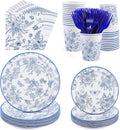Kochorie 144 Pieces Floral Party Supplies, Blue and White Flower Tableware Sets Including Disposable Paper Plates Napkins Cups Forks Serves 24 for Wedding Baby Shower Birthday Party Decorations