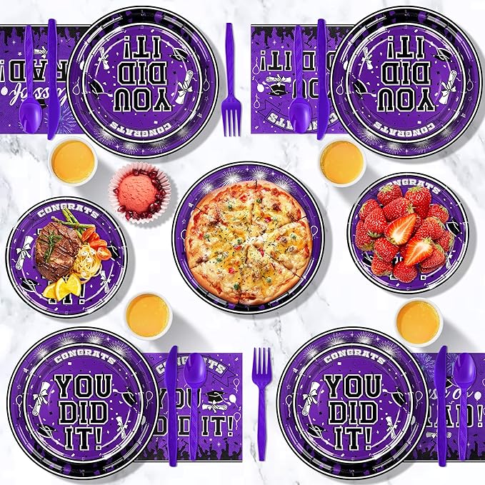175PCS Graduation Plates and Napkins Set 2026 Graduation Party Supplies Tableware Set Include Paper Plate Napkin Cup Knife Fork Spoon for Grad Party Decor Serve25(Purple and black)