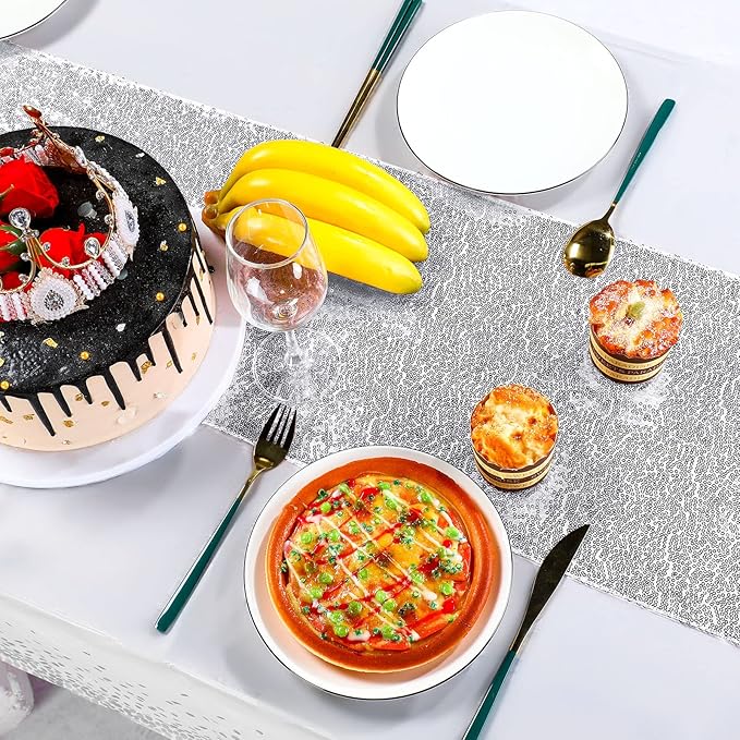 Irenare Tablecloth and Sequin Table Runner Set Polka Dots Confetti Table Cover Dining Plastic Tablecloths Glitter Decorations for Birthday Wedding Anniversary Party Supplies(White, Silver,2 Pcs)