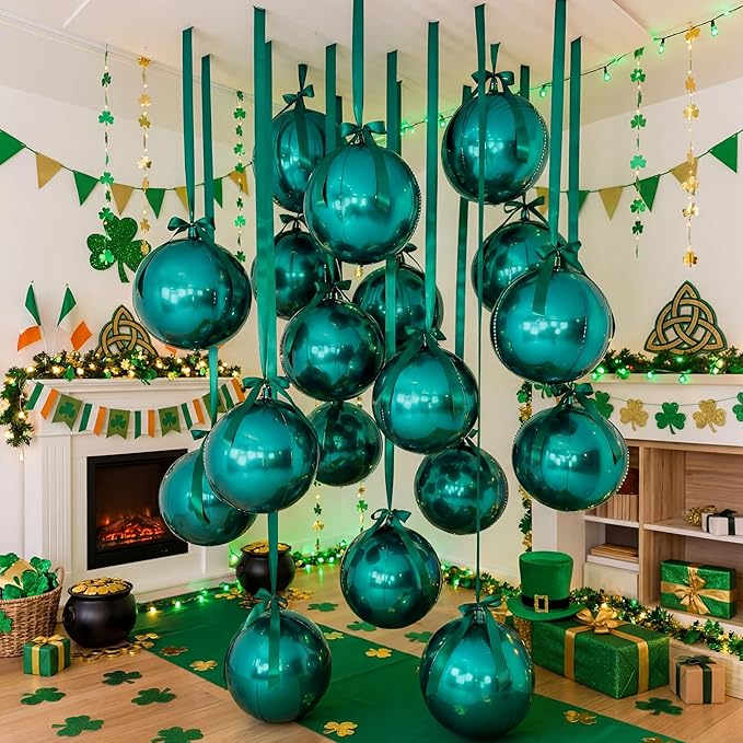 20 Pcs VBS 2026 Metallic Green Foil Balloons Giant 22 Inch 4d Round Metallic Green Balloons with Emerald Ribbon for Birthday Baby Shower Anniversary Tea Party Decorations