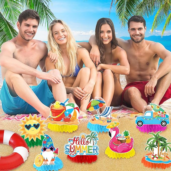 JULMELON 8PCS Summer Party Decorations Honeycomb Centerpiece, 3D Double Side Summer Beach Pool Party Table Toppers for Hawaiian Theme Party Decorations Hello Summer Beach Party Favors Supplies