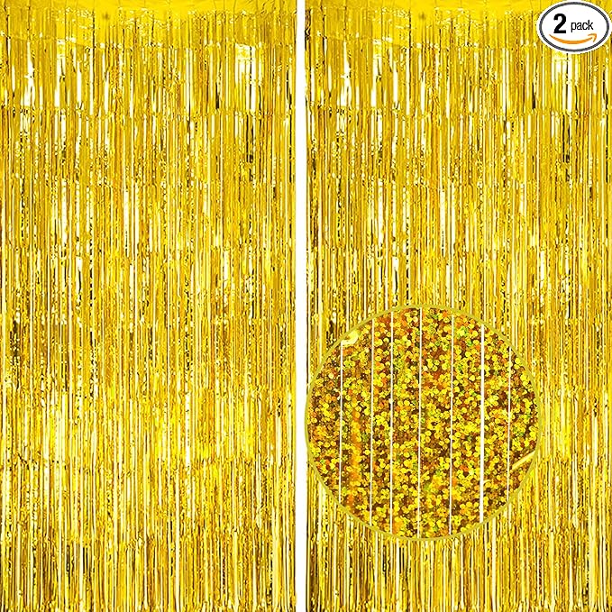 2 Pack Foil Fringe Backdrop - Laser Gold Shiny Tinsel Curtains for Party Decoration/Photo Booth Props - 3.3x6.6 FT Metallic Foil Backdrop for Birthday, Wedding, Graduation, Christmas.