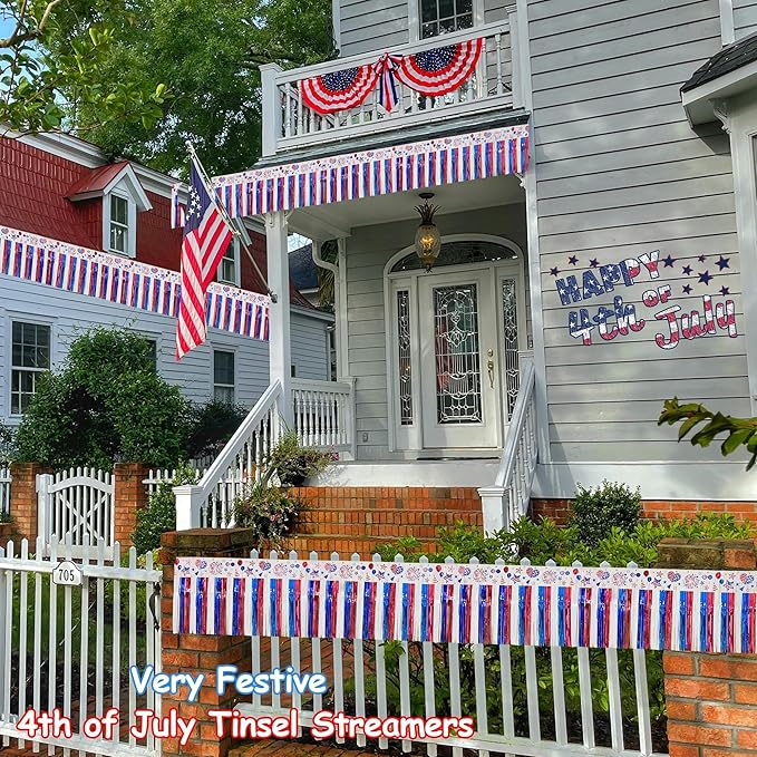 4 Pack 39Ft 4th of July Parade Floats for Trailer Car, Flag Stripes and Stars Patriotic Foil Fringe Garland Tinsel Streamers Banner Table Skirts for 4th of July Graduation Homecoming Party (Flag)