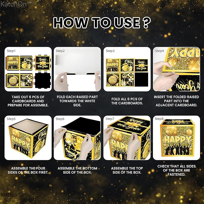 KatchOn, Happy New Years Decorations 2026 - Pack of 3 | New Year Balloon Boxes 2026 for New Years Eve Party Supplies 2026 | Black, Gold New Year Balloons and Confetti Boxes | NYE Decorations 2026