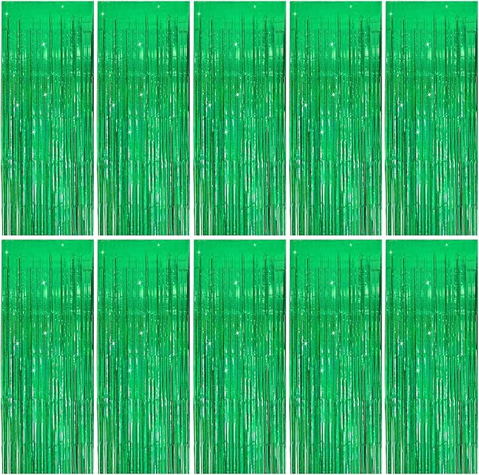 Tinsel Curtain Green Birthday Party Decorations - 10 Packs Glitter Foil Fringe Curtain Decor Streamers for Birthday, Christmas, Wedding, Halloween, Graduation