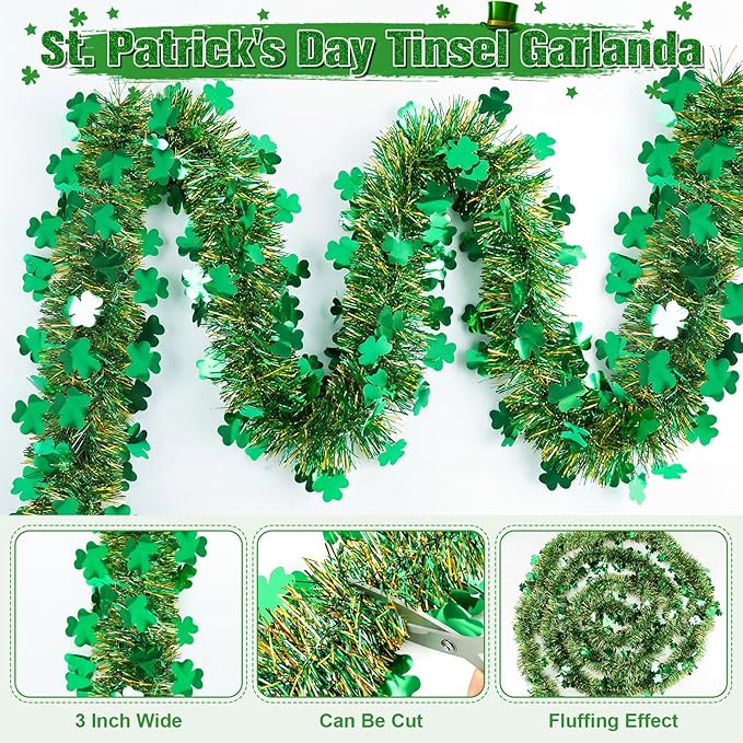 50FT St Patrick's Day Tinsel Garland, Green Gold Shamrock Clover Garland, Shiny Metallic Hanging Shamrock Streamer St Patricks Day Decorations Irish Decor