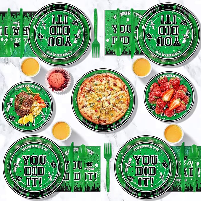 175PCS Graduation Plates and Napkins Set 2026 Graduation Party Supplies Tableware Set Include Paper Plate Napkin Cup Knife Fork Spoon for Grad Party Decor Serve25 (Green and Black)