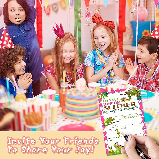4" x 6" Reptile Theme Birthday Party Invitation Cards With Envelopes - Lizard Snake Turtle - Fill In Style Party Invitation - 20 Sets - E26