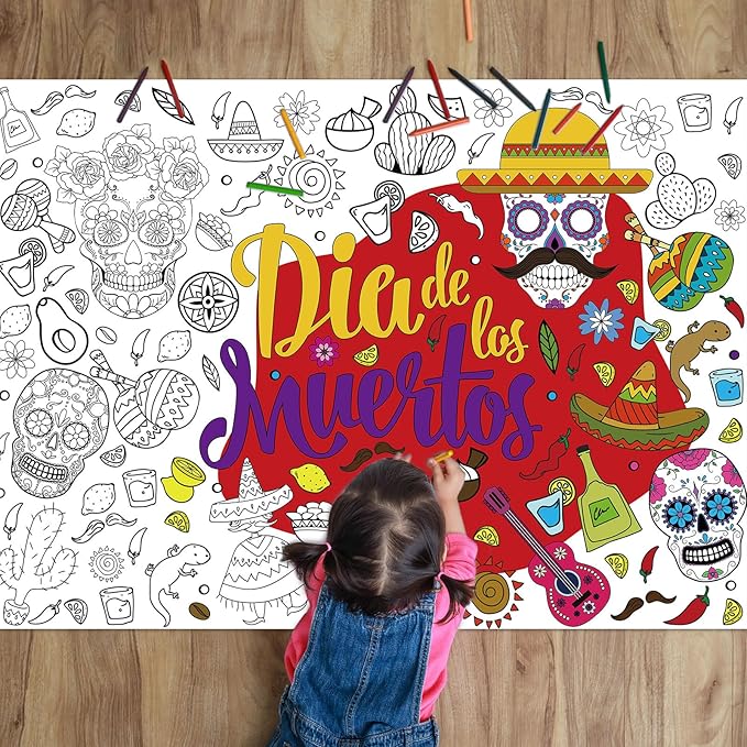 ZOIIWA Day of The Dead Giant Coloring Poster Dia De Los Muertos Large Coloring Posters Sheets Sugar Skulls Tablecloth Mexican Fiesta Party Banner for Home Wall Decor Drawing DIY Painting Crafts