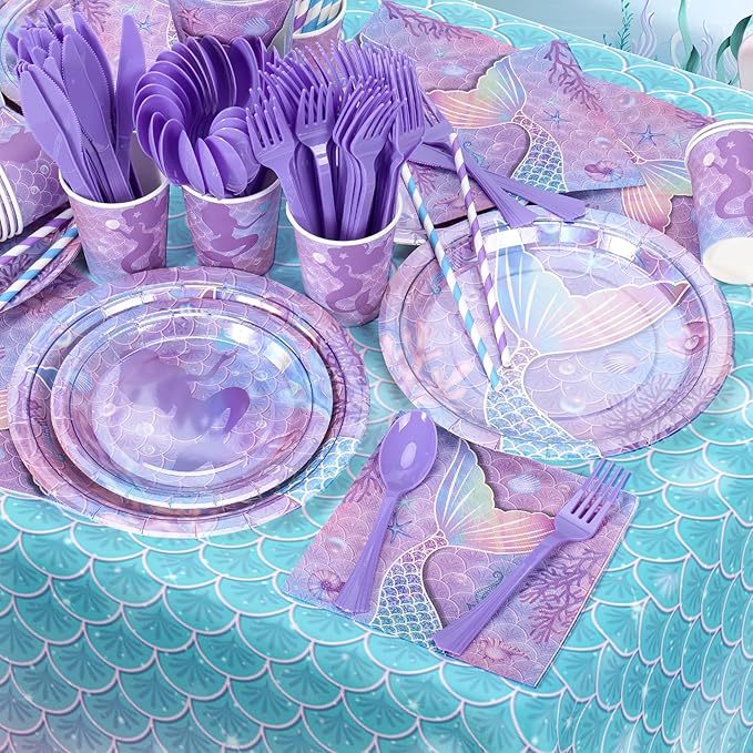 195Pcs Mermaid Birthday Party Decorations with Happy Birthday Banner Tablecloth, Mermaid Themed Party Supplies with Plates Cups Napkins Straws Cutlery, Purple Blue Disposable Tableware for 24 Guests