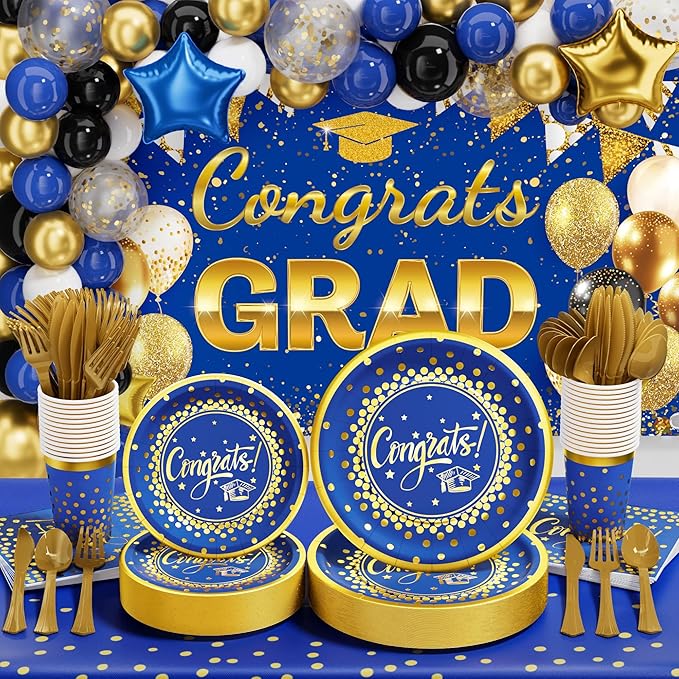 Ecomore 2026 Graduation Decorations - 245 PCS Grad Disposable Dinnerware(Serve 25) & Graduation Party Supplies With Congrats Paper Plate Cup Napkin Cutlery Tablecloth Backdrop Balloon Kit - Blue Gold