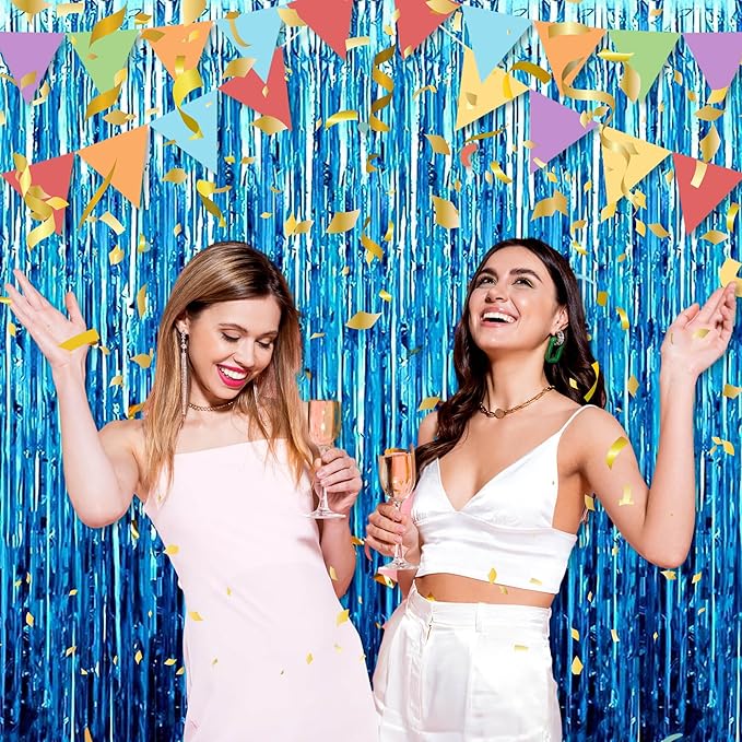 6 Pack Lake Blue Foil Fringe Curtains Backdrop, 3.28 x 9.8 Ft Metallic Streamers Tinsel Curtains Background for Photo Booth, Birthday, Halloween, Christmas, Thanksgiving, New Year Party Decorations