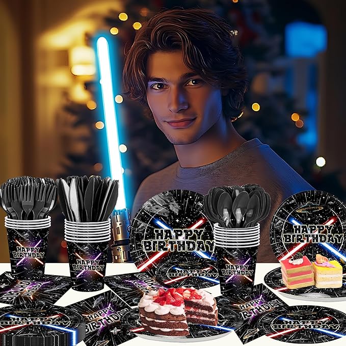 168pcs Galaxy Birthday Party Plate Napkin Disposable Tableware Set Paper Cup Black Forks Space Theme Decorations for Birthday Party Supplies Serve 24 Guests