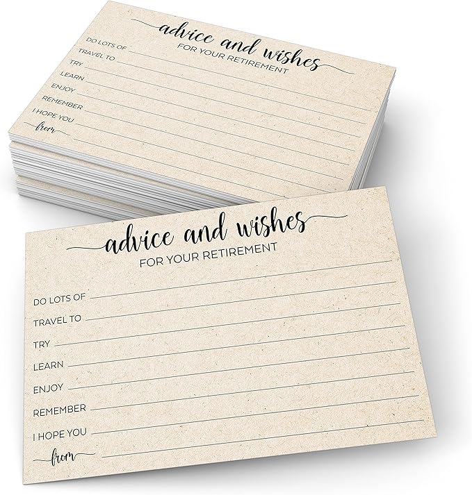 321Done 4x6 Retirement Party Advice and Well Wishes Cards, Tan - Made in USA, Happy Retiree, Fun Celebration Idea, Game, Activity, Memories - Ad Lib Prompts - Pack of 50