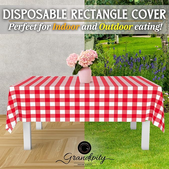 Grandipity 12 Pack Premium Disposable Plastic Picnic Tablecloth 54 Inch. x 108 Inch. Decorative Rectangle Table Cover - Red Checkered Gingham