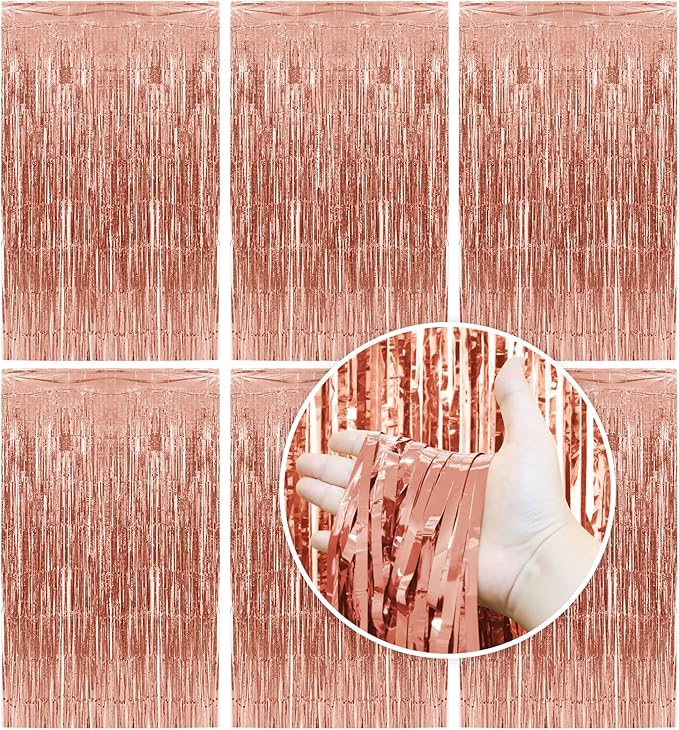 Homiest 6 Pack Rose Gold Tinsel Backdrop, 3.3x6.6 FT Metallic Tinsel Foil Fringe Curtains Party Decorations, Birthday Door Streamers for Baby Shower Wedding, Photo Booth Props Background Wall Decor