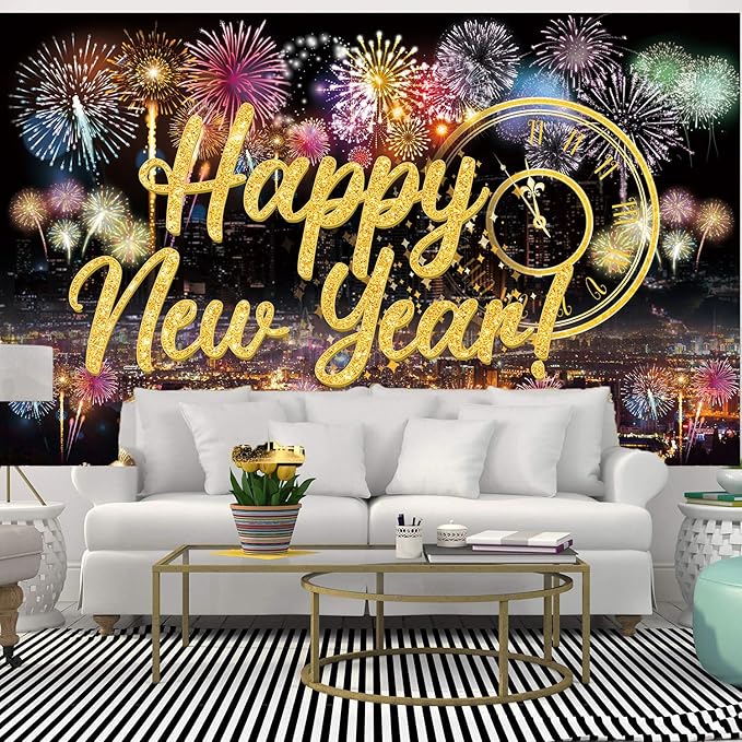 Famoby Happy New Year Fabric Sign Poster Backdrop with Fireworks for New Year Photo Booth Background Party Decoration