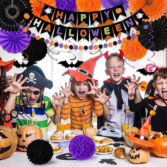 26PCS Halloween Party Decorations, Purple Black Orange Paper Fans Set, Halloween Pompom Banner Garland Fans Hanging Swirls for Trick or Treat Party Decor Accessories Indoor Outdoor Home Decorations