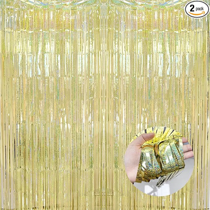 BRAVESHINE Gold Party Tinsel Backdrop - 2 Pack 3.2x8.2ft Metallic Foil Fringe Curtain Streamers for Birthday/Engagement/Bachelorette/Anniversary/Prom/Graduation/Hawaiian/Luau/Wedding Decorations