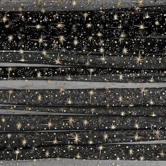 Horaldaily Black Gold Sparkling Star Gauze Tablecloth 60x120 Inch Rectangular, Golden Star Sequin Glitter Metallic Foil, Sheer Tulle Cheesecloth for Wedding Baby Shower Party