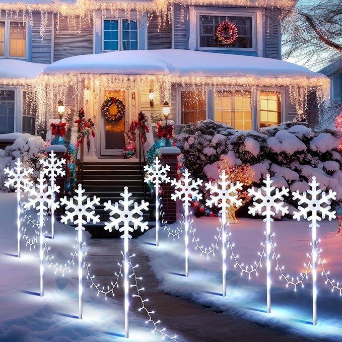 10 Pcs Christmas Snowflake Pathway Stake Lights for Outdoor Yard, 370 Bright LEDs Waterproof Large Christmas Snowflake Light Decoration for Garden Lawn Driveway Walkway Decor(Cool White)