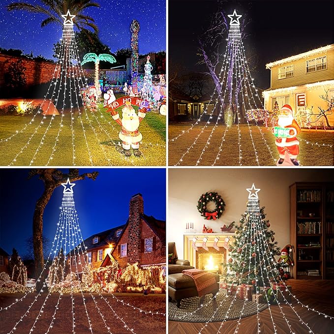 FUNIAO (Upgraded Christmas Decoration Outdoor Star String Lights, 320 LED Christmas Tree Topper Lights with 12" Lighted Star for Halloween Christmas New Year Holiday Garden Yard (White)
