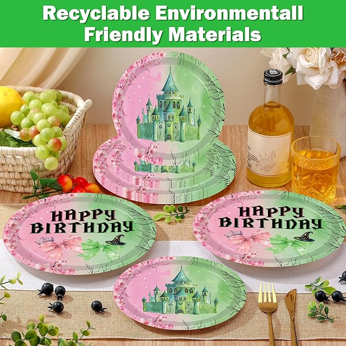 140pcs Pink and Green Witch Party Decorations Tableware, Witch Table Centerpieces Party Supplies, Tableware Set Paper Cups for Girls Birthday Party Decorations Severs 20 Guests