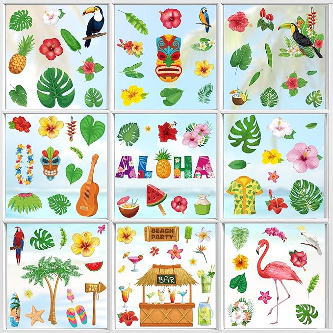 103 PCS Hawaiian Window Clings, 9 Sheets Tropical Hawaiian Party Decorations, Double-Sided Summer Window Clings with Tiki Masks Hibiscus Lei Patterns, Aloha Party Decorations for Home Office