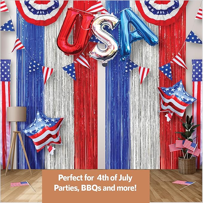 45 PC 4th Of July Decorations, USA Independence Day Patriotic Décor Set, American Bunting & Windsock Flags, Red White & Blue Streamer Backdrop, 10 Aluminum 1 “USA” Balloon, 2 Garland 8.2’, 18 flags