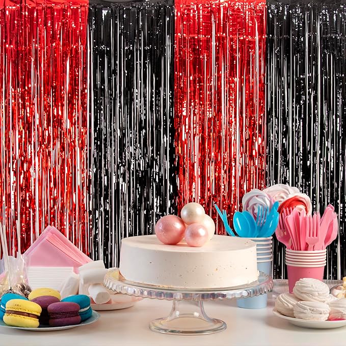 LOLStar Graduation Party Decoration, 2 Pack Red and Black 3.3x6.6 ft Foil Fringe Curtains, Tinsel Backdrop, Graduation Photo Booth Prop Streamer Backdrop for Class of 2026, Prom and Grad Party Decor