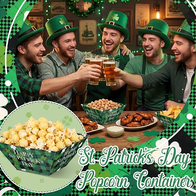 Marspark 12 Pcs St. Patricks Day Popcorn Boxes St. Patrick's Treat Snack Containers Green Shamrock Paper Snack Serving Trays Decorations Irish Disposable Platters for Cookie Holiday Party Supplies