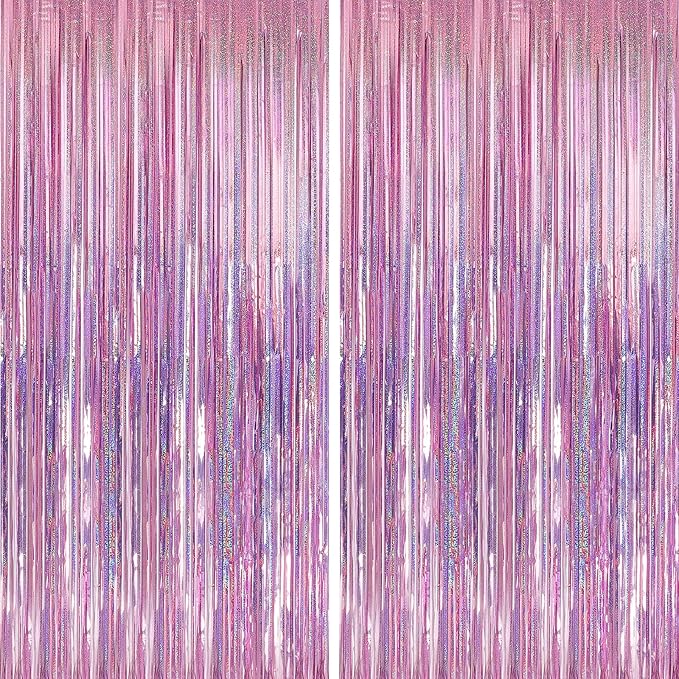 Crosize 2 Pack 3.3 x 9.9 ft Laser Pink Foil Fringe Backdrop Curtain, Streamer Backdrop Curtains, Streamers Birthday Party Decorations, Tinsel Curtain for Valentine‘s Day Parties, Galentines Decor