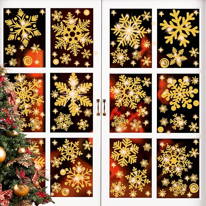Gold Glitter Snowflake Window Clings 147PCS Sparkling Window Snowflakes Winter Wonderland Decorations for Home Office Christmas Party(Glitter Gold)