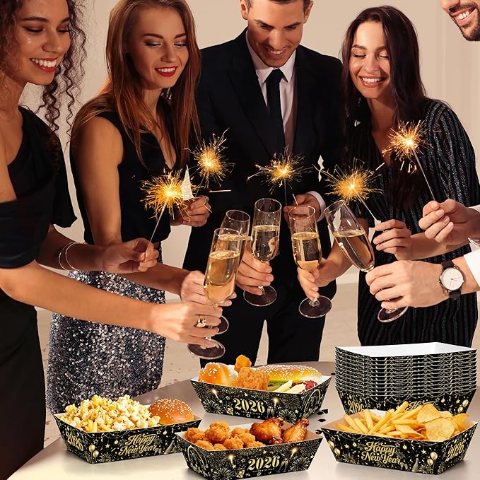 50Pcs New Year Eve Food Trays, 5.94" x 3.34" x 2.16" NYE Party Supplies 2026 Food Boats, Black Gold Serving Trays for Hot Dog Popcorn Taco, Disposable Snack Boats for New Year Decorations