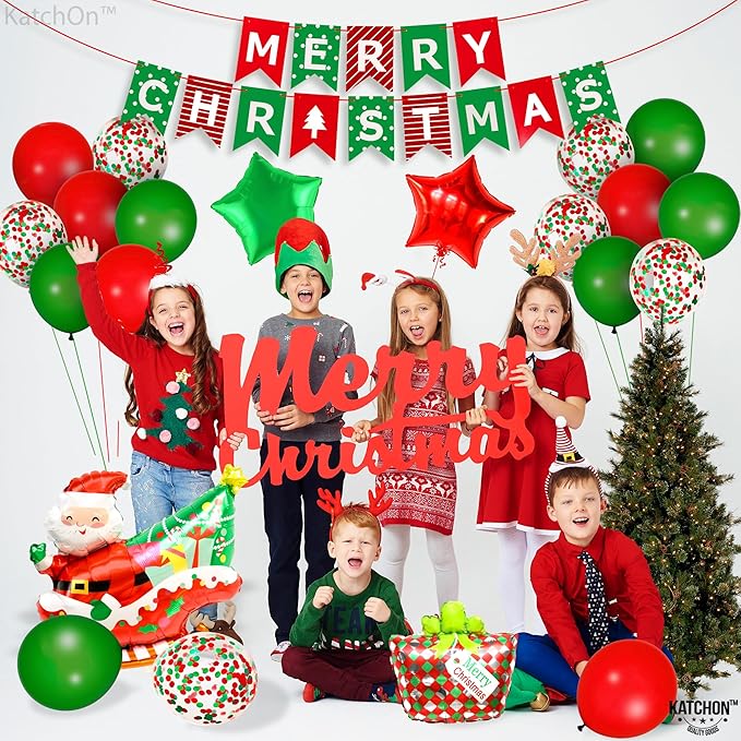 KatchOn, Merry Christmas Decorations Indoor - Huge, Pack of 25 | Merry Christmas Banner, Santa Balloon, Star Balloons for Holiday Decorations | Xmas Balloons for Xmas Decoration