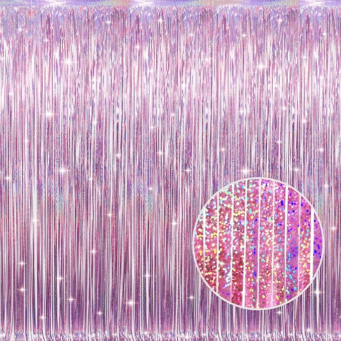 GOER 3.2 ft x 9.8 ft Metallic Tinsel Foil Fringe Curtains Party Photo Backdrop Party Streamers for Birthday,Graduation,New Year Eve Decorations Wedding Decor(1 Pack,Laser Pink)
