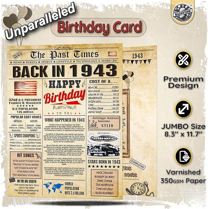 83rd Birthday Card for Women Men- Back In 1943 Card - 83 rd HAPPY BIRTHDAY cards for Him Her - Vintage 83rd birthday gifts JUMBO size 83 rd birthday decorations for husband wife - gift for 83 year old