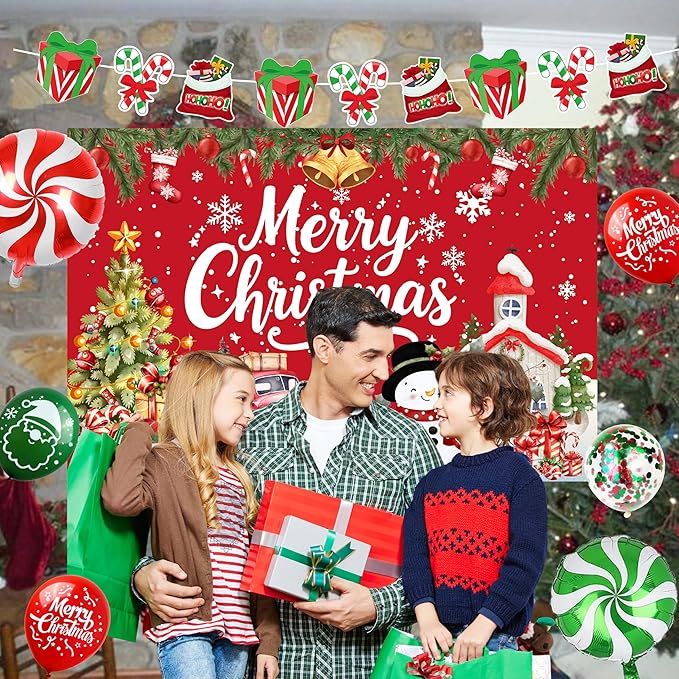 Christmas Party Decorations, Merry Christmas Banner Backdrop, Tablecloth,Candy Cane Foil Balloons,Family Party Decoration Supplies