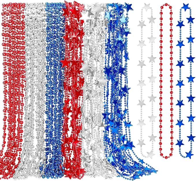 Independence Day Necklace Accessories, 48PCS 4th of July Beads Necklaces Bulk, 6 Kinds Fourth of July Red Blue White Stars Round Bead Necklace, Patriotic Bulk for Parade Party Favors Decor